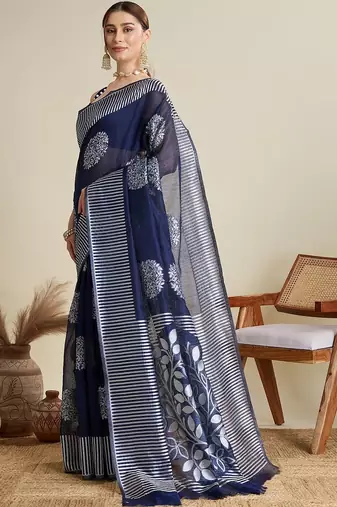 Navy blue silk blend woven design saree with blouse
