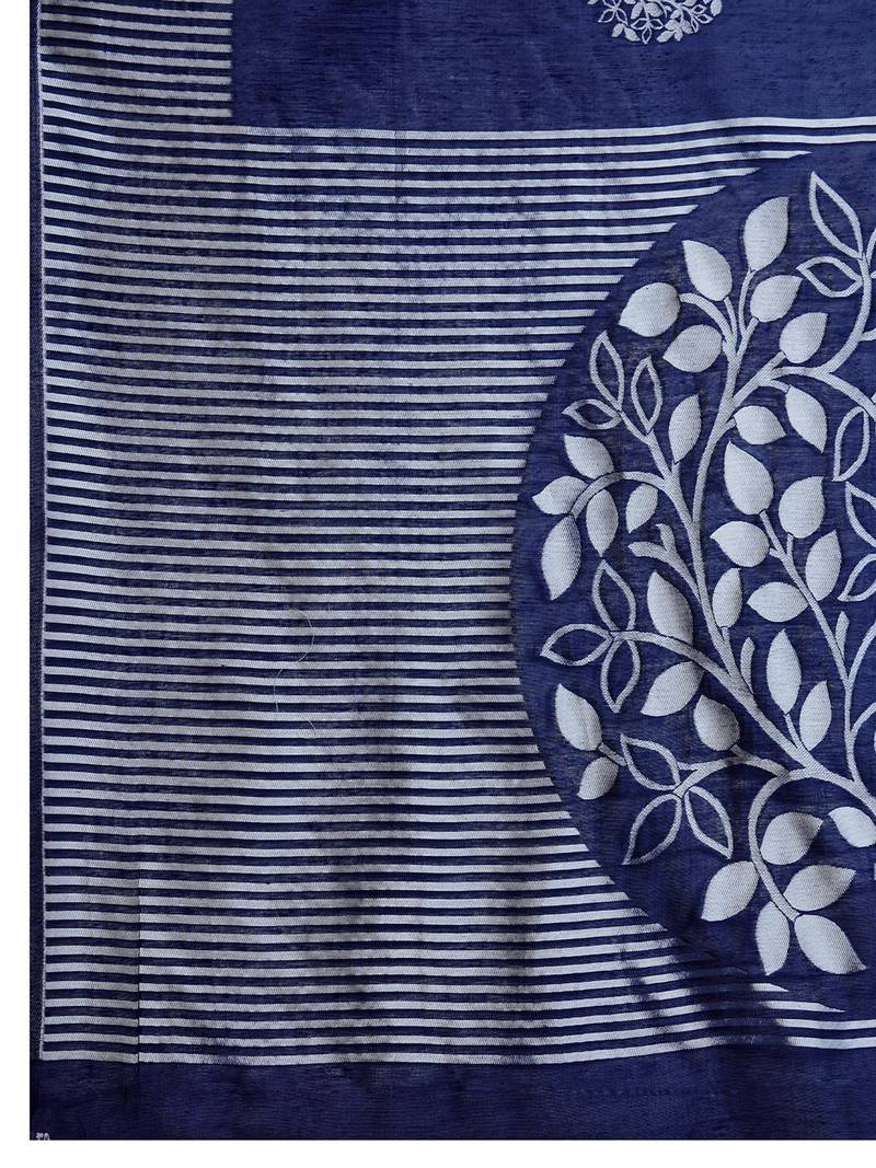 Navy blue silk blend woven design saree with blouse