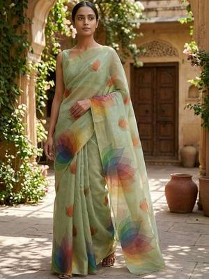Sea green polyester printed saree with blouse 1