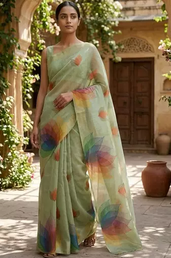 Sea green polyester printed saree with blouse