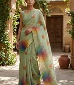 Sea green polyester printed saree with blouse