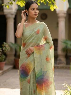 Sea green polyester printed saree with blouse 2