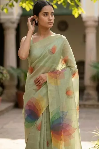 Sea green polyester printed saree with blouse