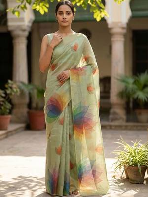 Sea green polyester printed saree with blouse 3