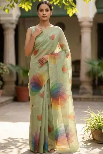 Sea green polyester printed saree with blouse