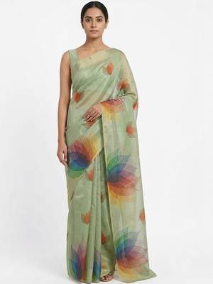 Sea green polyester printed saree with blouse 4