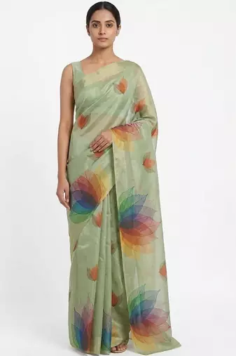 Sea green polyester printed saree with blouse