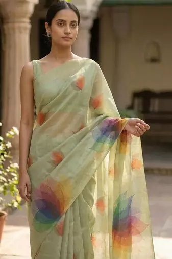Sea green polyester printed saree with blouse