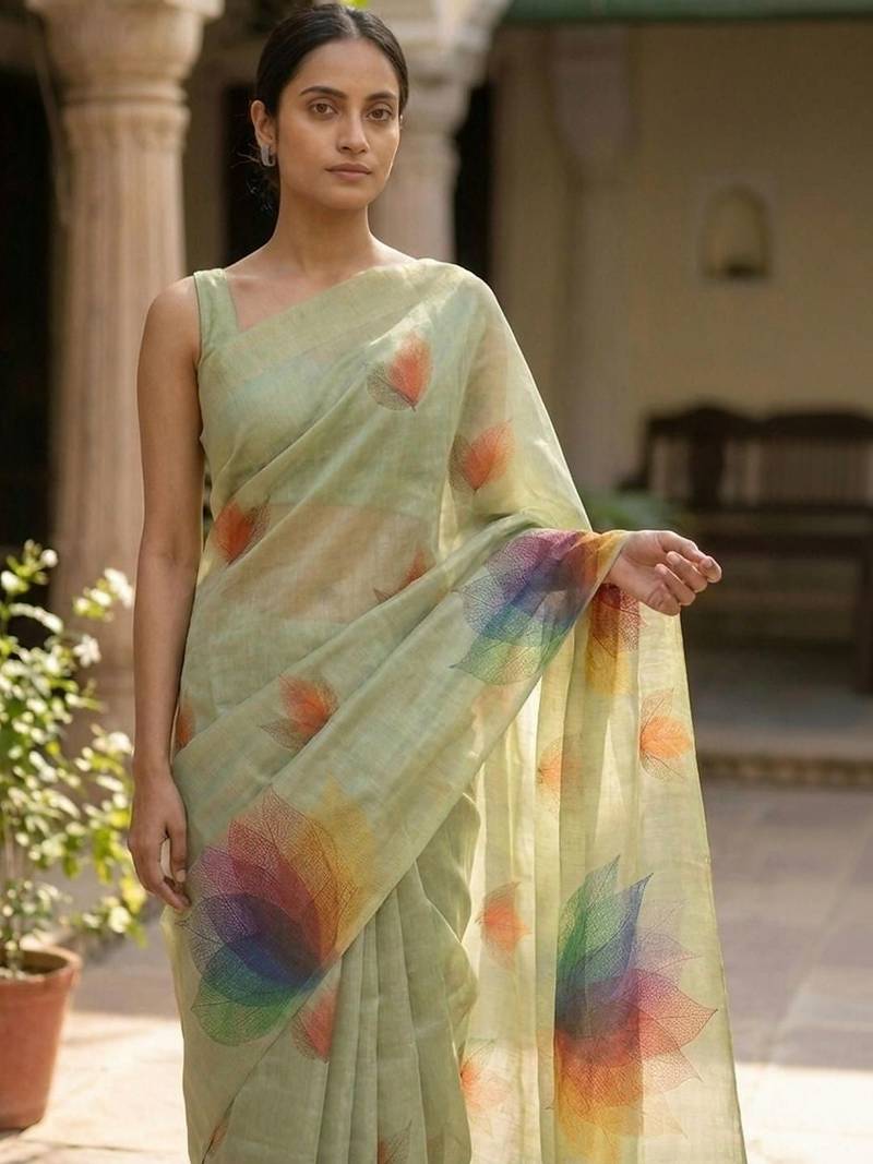 Sea green polyester printed saree with blouse