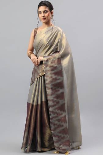 Grey polyester woven design saree with blouse
