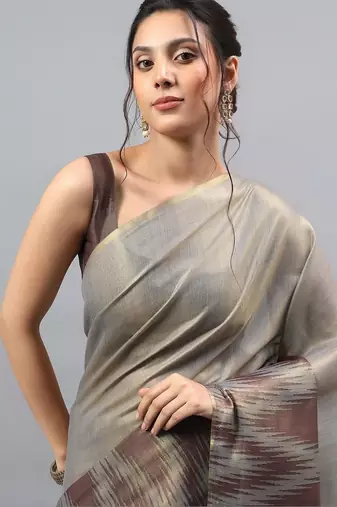 Grey polyester woven design saree with blouse