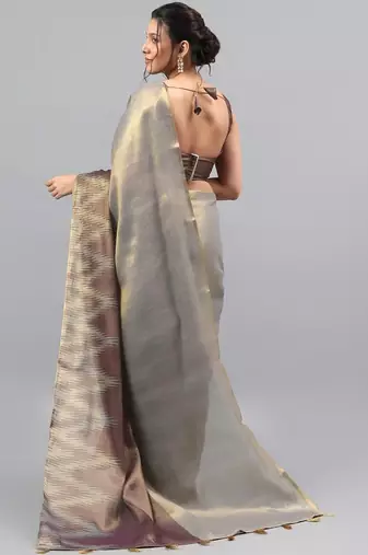 Grey polyester woven design saree with blouse