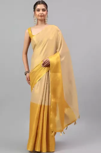Gold polyester solid saree with blouse