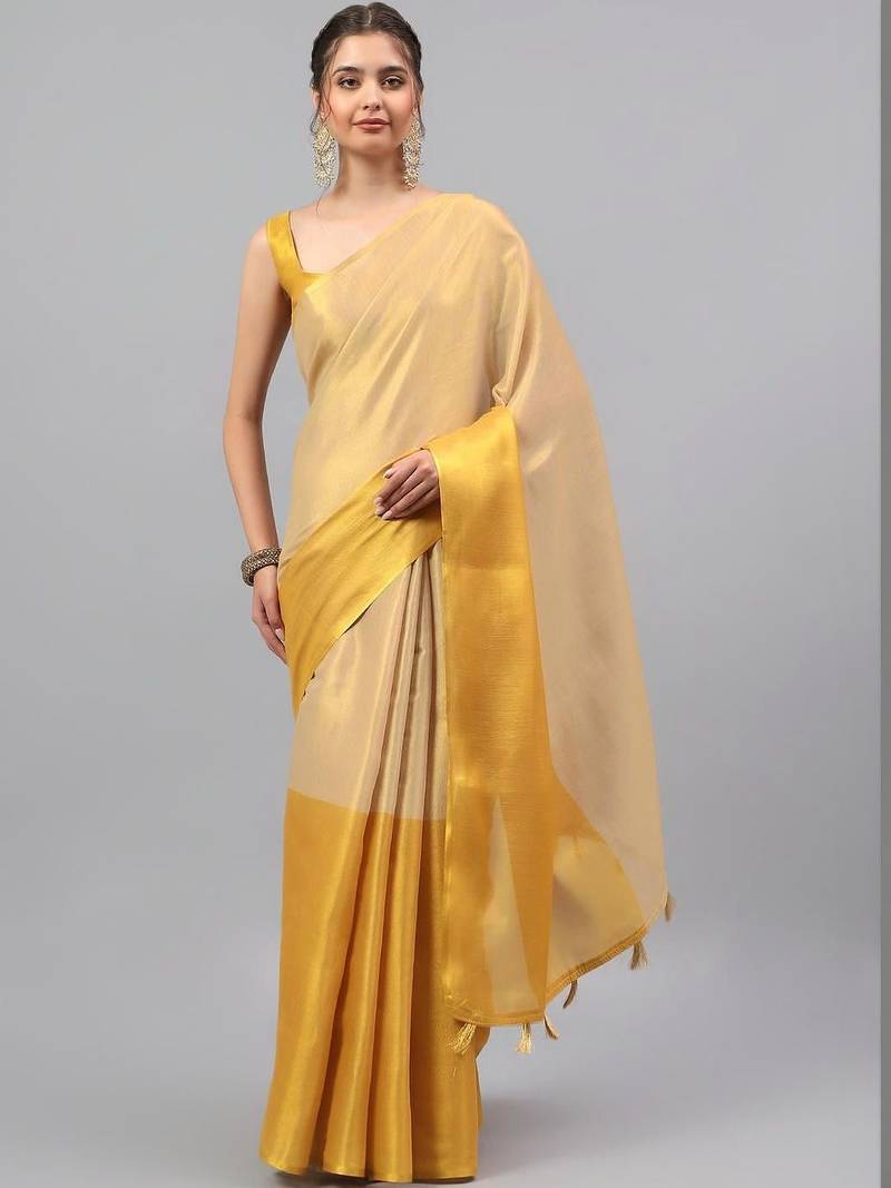 Gold polyester solid saree with blouse