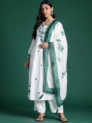 Women Ethnic Motifs Embroidered Regular Thread Work Pure Cotton Kurta with Trousers & With Dupatta 1