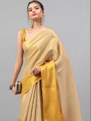 Gold polyester solid saree with blouse 2