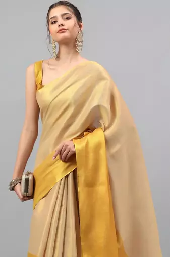 Gold polyester solid saree with blouse