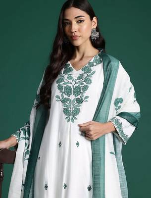 Women Ethnic Motifs Embroidered Regular Thread Work Pure Cotton Kurta with Trousers & With Dupatta 2
