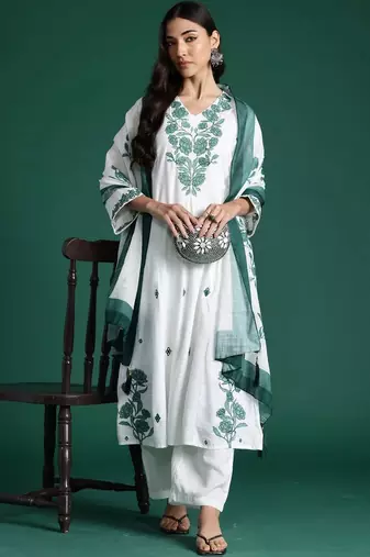 Women Ethnic Motifs Embroidered Regular Thread Work Pure Cotton Kurta with Trousers & With Dupatta