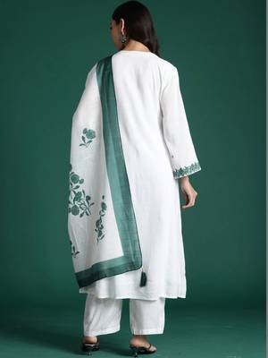 Women Ethnic Motifs Embroidered Regular Thread Work Pure Cotton Kurta with Trousers & With Dupatta 4
