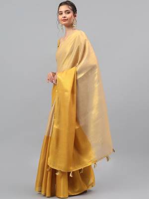 Gold polyester solid saree with blouse 3
