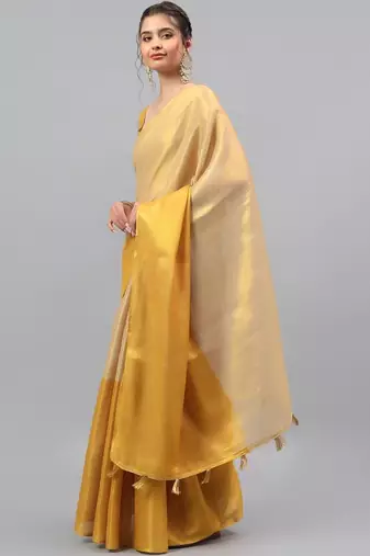 Gold polyester solid saree with blouse