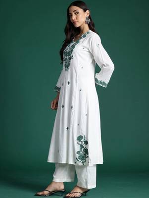 Women Ethnic Motifs Embroidered Regular Thread Work Pure Cotton Kurta with Trousers & With Dupatta 5