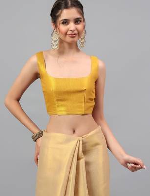 Gold polyester solid saree with blouse 4