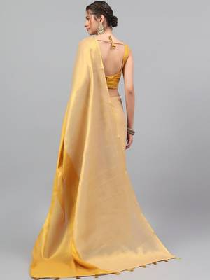 Gold polyester solid saree with blouse 5