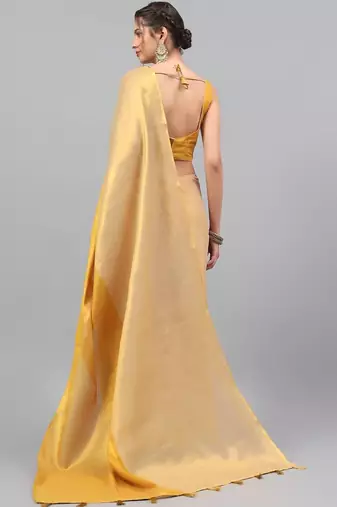 Gold polyester solid saree with blouse