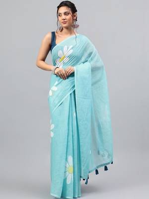 Blue linen printed saree with blouse 1