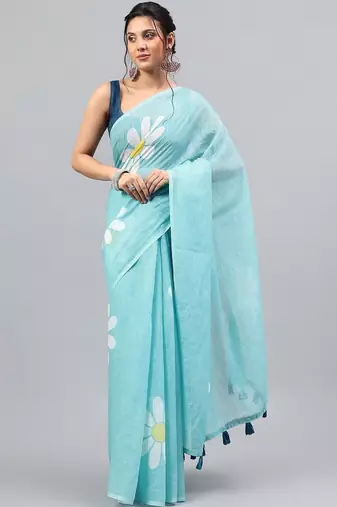 Blue linen printed saree with blouse