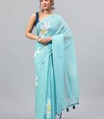 Blue linen printed saree with blouse
