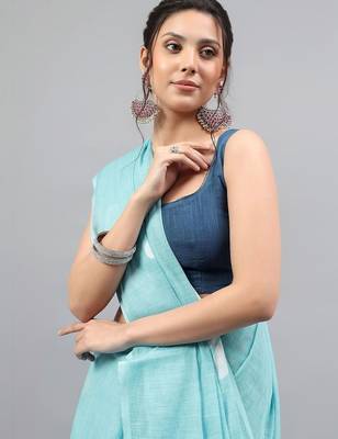 Blue linen printed saree with blouse 2