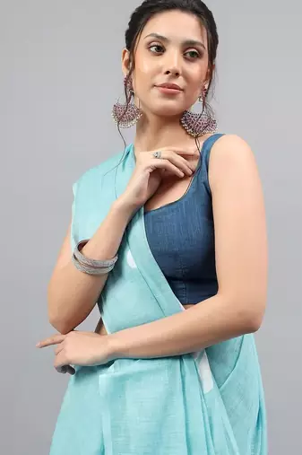 Blue linen printed saree with blouse