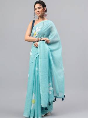 Blue linen printed saree with blouse 3