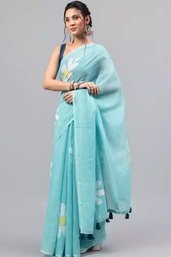 Blue linen printed saree with blouse