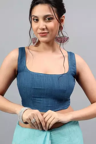 Blue linen printed saree with blouse