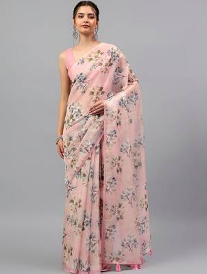 Pink organza printed saree with blouse 1