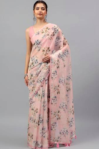Pink organza printed saree with blouse
