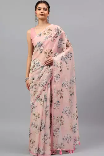 Pink organza printed saree with blouse