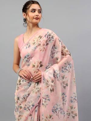 Pink organza printed saree with blouse 2