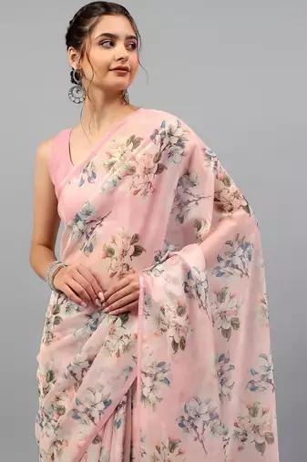 Pink organza printed saree with blouse
