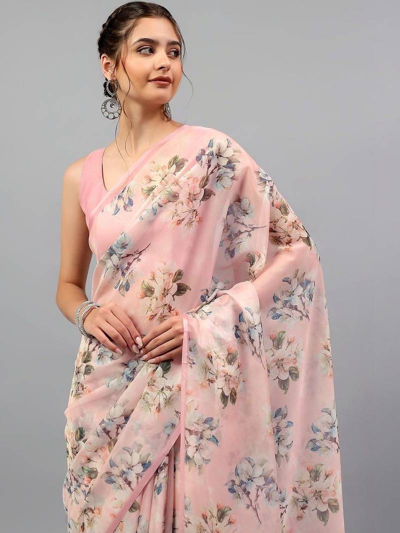 Pink organza printed saree with blouse