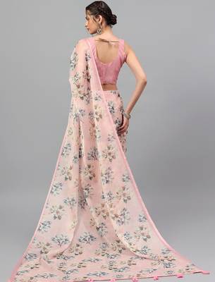 Pink organza printed saree with blouse 3