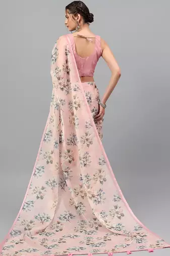 Pink organza printed saree with blouse