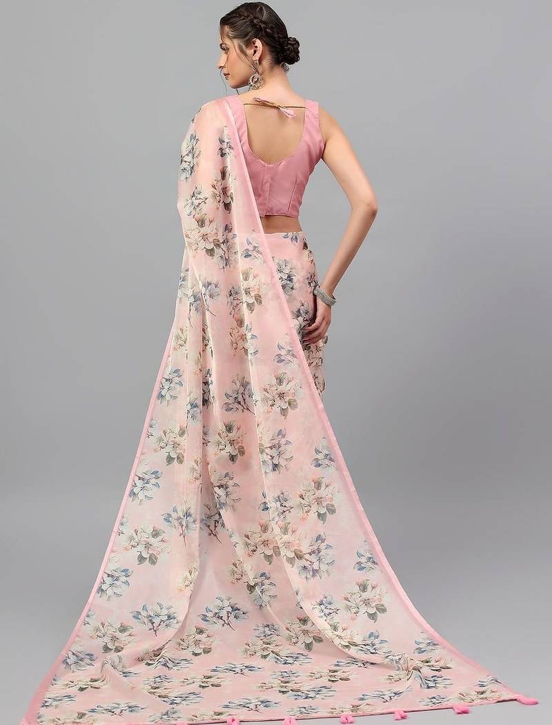 Pink organza printed saree with blouse