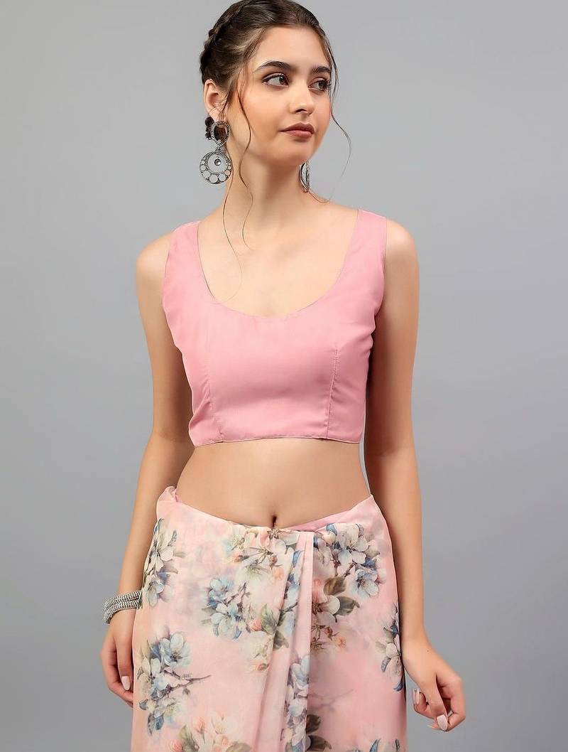Pink organza printed saree with blouse