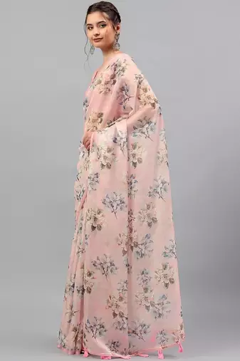 Pink organza printed saree with blouse