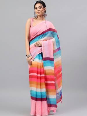Pink linen printed saree with blouse 1